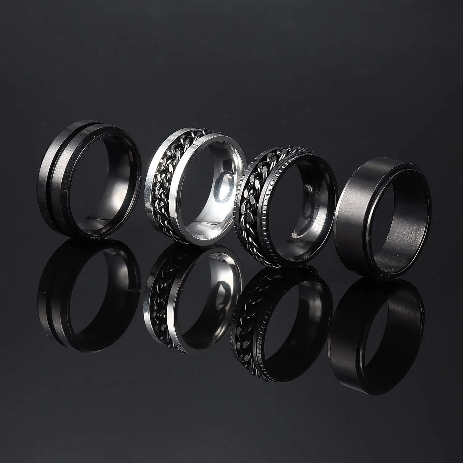 SAILIMUE 6 Pcs 6/8 MM Black Spinner Rings for Men Women Stainless Steel Fidget Ring Anxiety Stress Relieving Cool Chain Fashion Ring Set Wedding Promise Band Rings Size 7-13