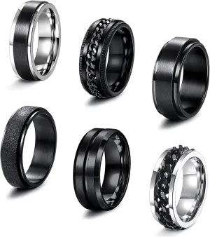 SAILIMUE 6 Pcs 6/8 MM Black Spinner Rings for Men Women Stainless Steel Fidget Ring Anxiety Stress Relieving Cool Chain Fashion Ring Set Wedding Promise Band Rings Size 7-13