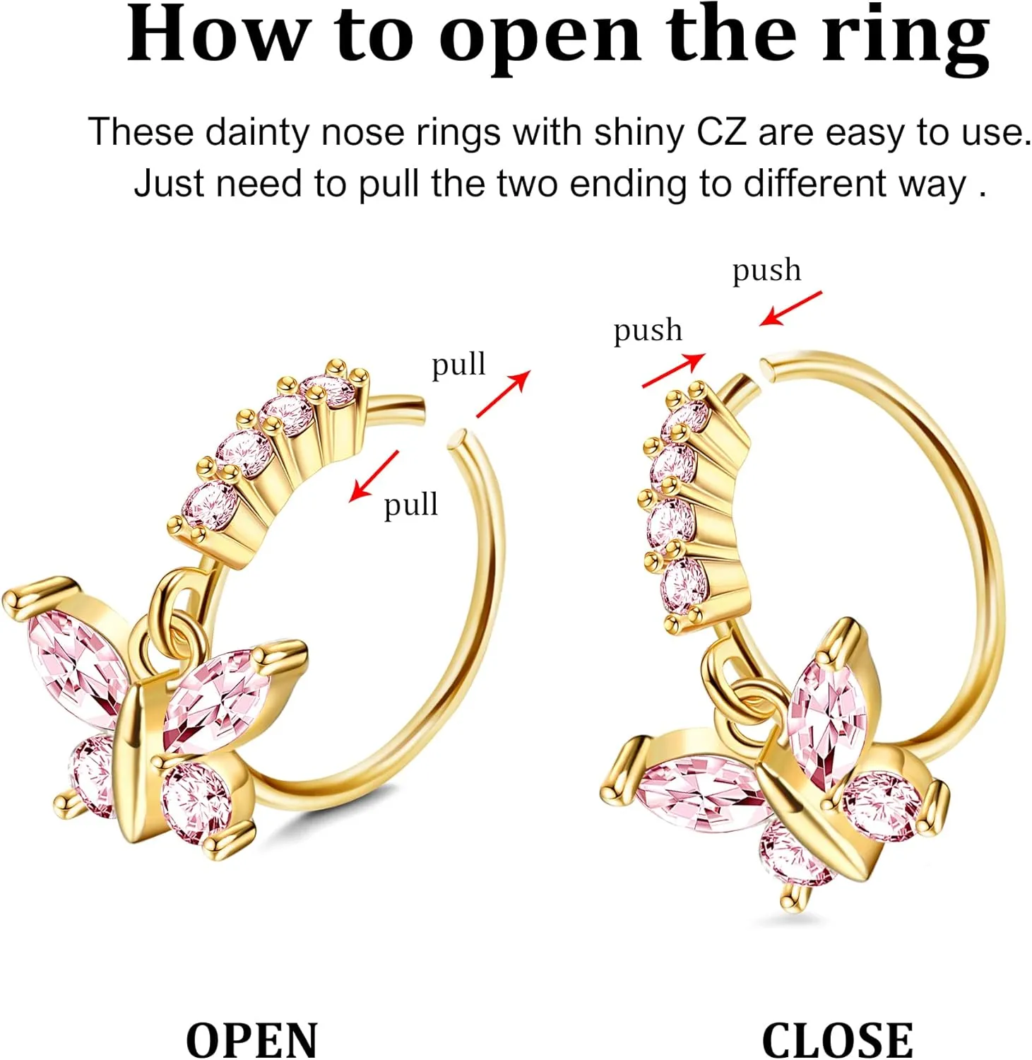 Sanfenly 9Pcs Dangle Nose Rings Hoops for Women Men 20G Stainless Steel Nose Piercing Jewelry Pink CZ Heart Moon Butterfly Dangling Nose Hoops Gold, Silver Tone