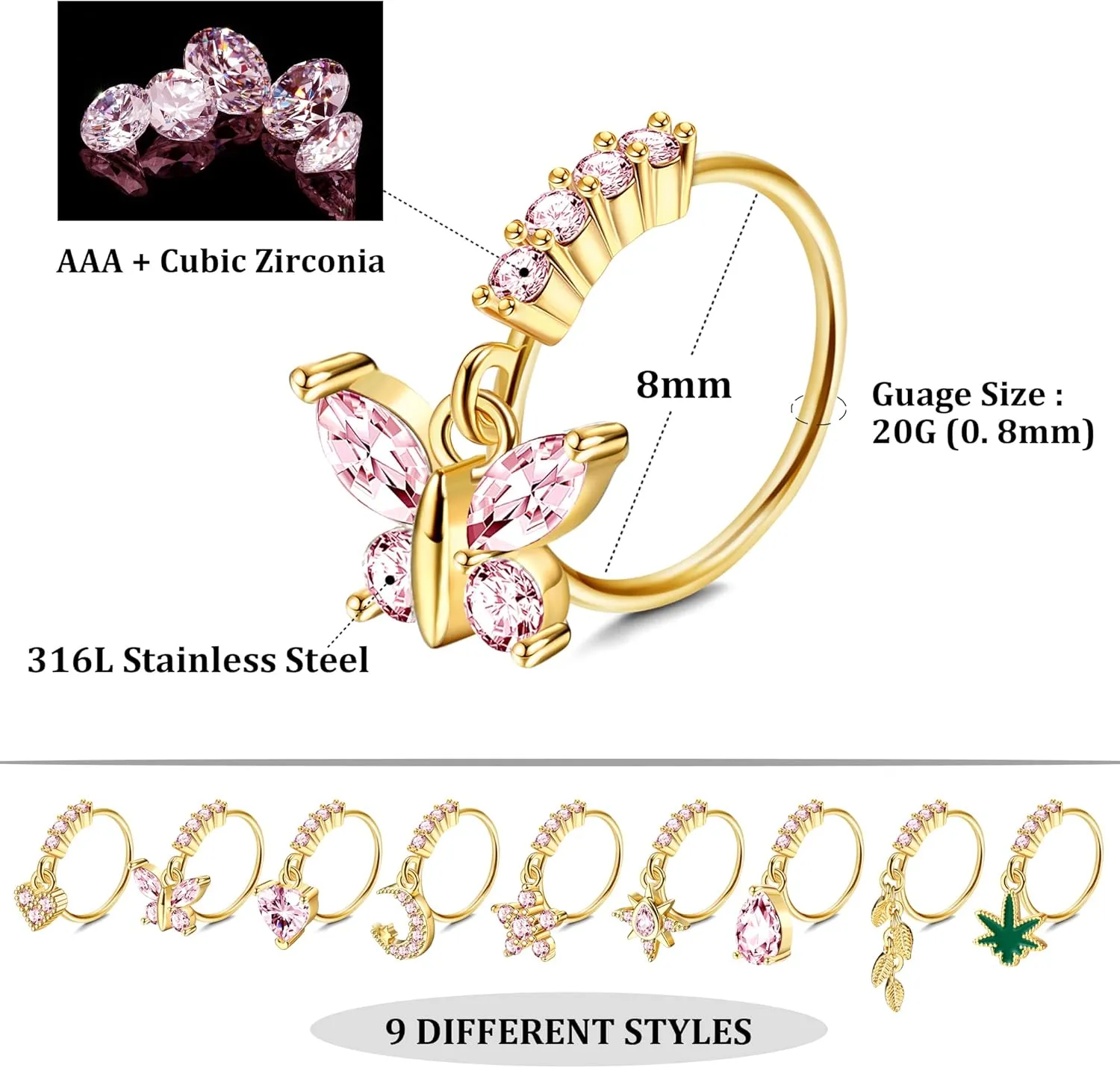 Sanfenly 9Pcs Dangle Nose Rings Hoops for Women Men 20G Stainless Steel Nose Piercing Jewelry Pink CZ Heart Moon Butterfly Dangling Nose Hoops Gold, Silver Tone