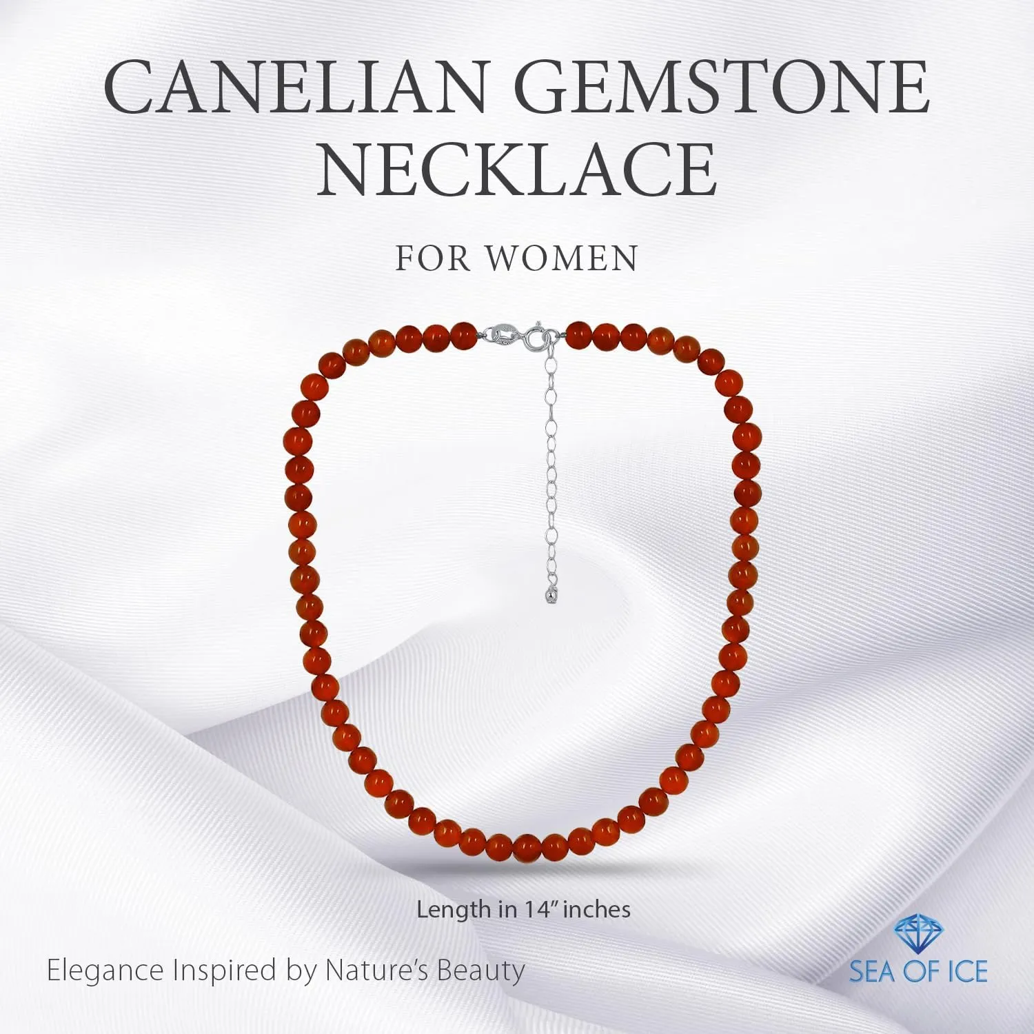 SEA OF ICE Precious Gemstone 6mm Round Beads Necklace 14" Plus 2" Extender with Sterling Silver Spring Ring Clasp