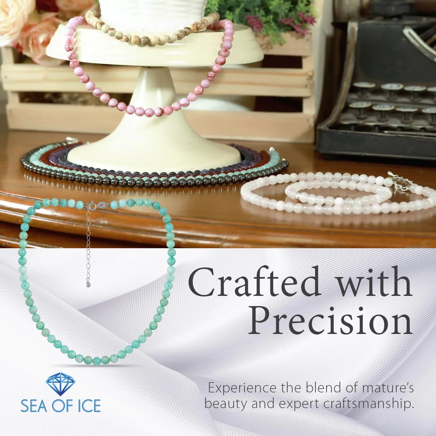 SEA OF ICE Precious Gemstone 6mm Round Beads Necklace 14" Plus 2" Extender with Sterling Silver Spring Ring Clasp