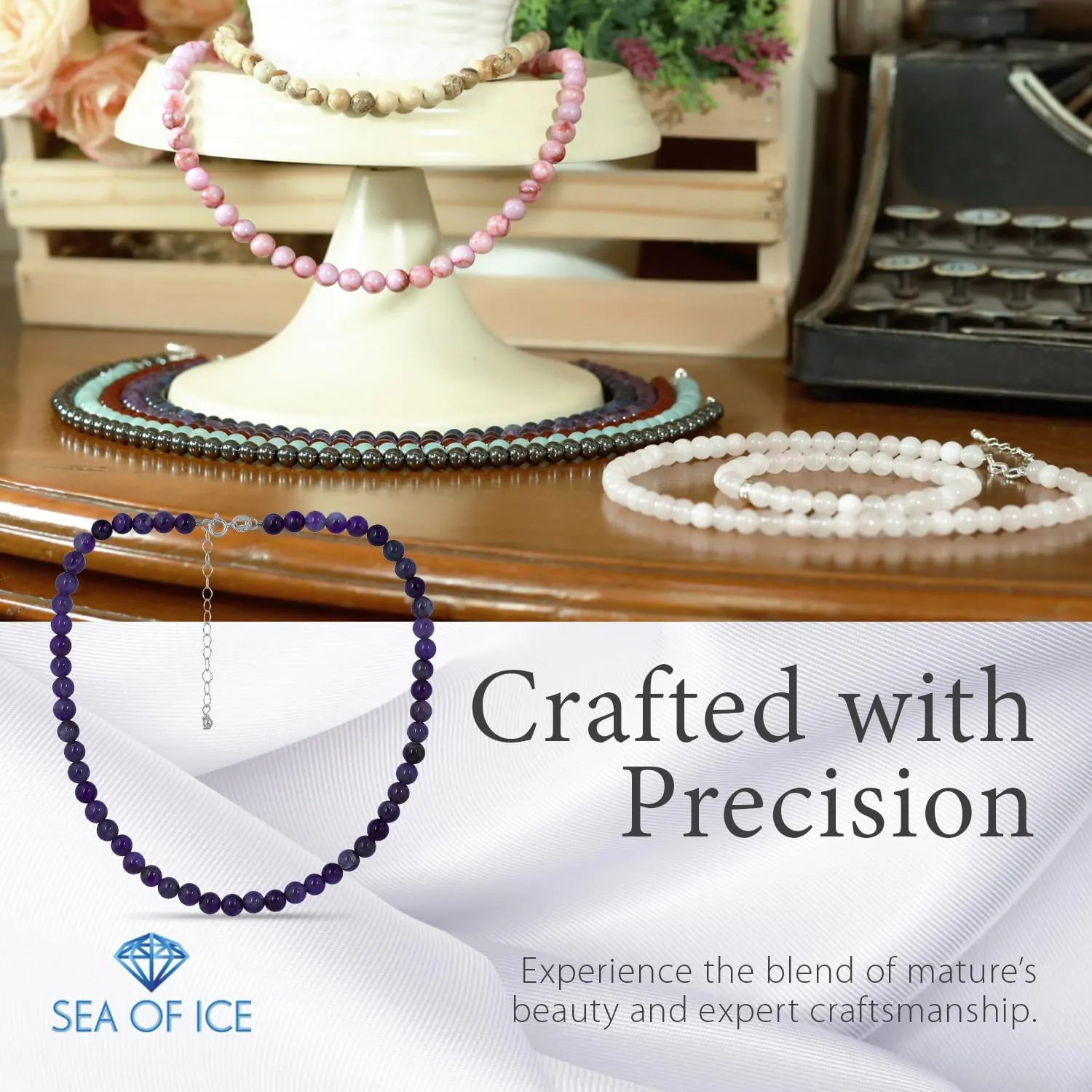 SEA OF ICE Precious Gemstone 6mm Round Beads Necklace 14" Plus 2" Extender with Sterling Silver Spring Ring Clasp