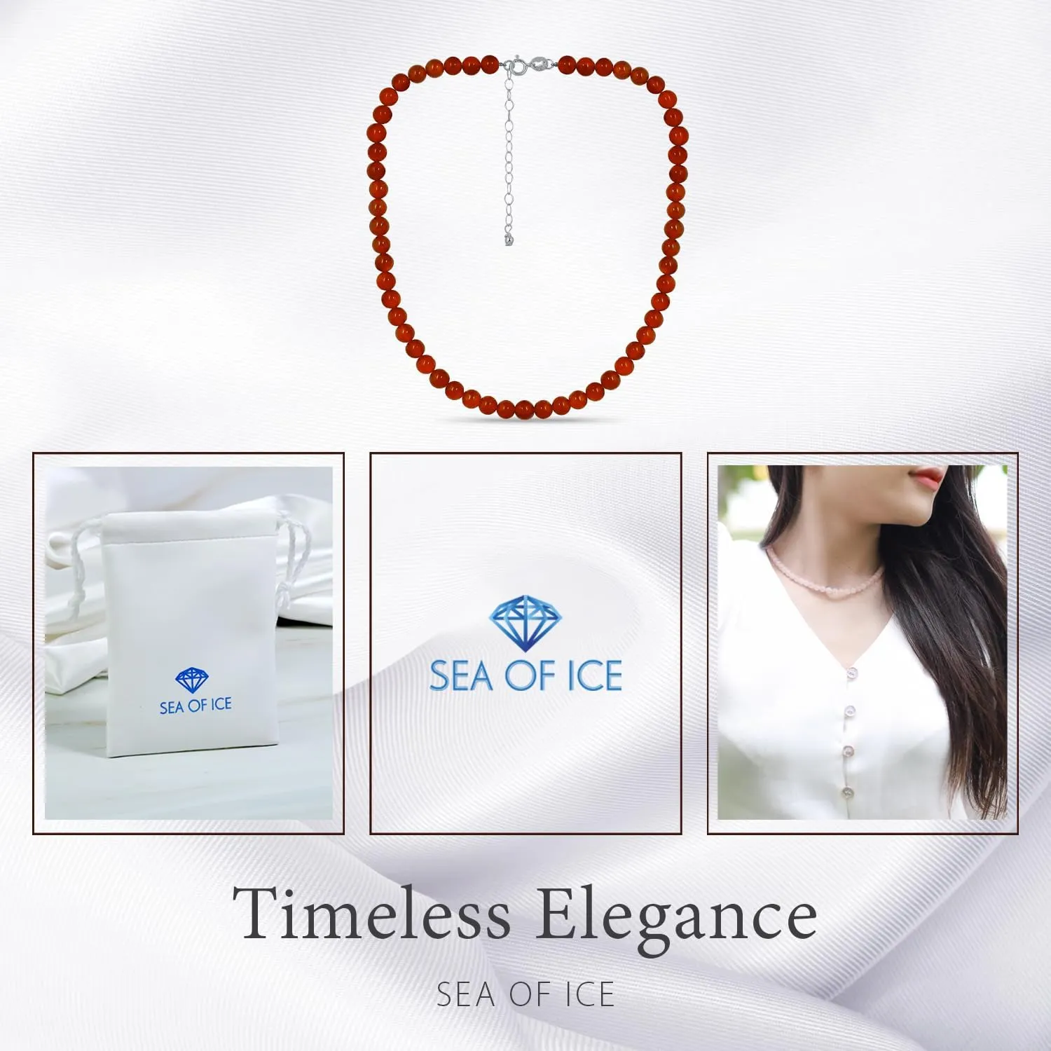 SEA OF ICE Precious Gemstone 6mm Round Beads Necklace 14" Plus 2" Extender with Sterling Silver Spring Ring Clasp