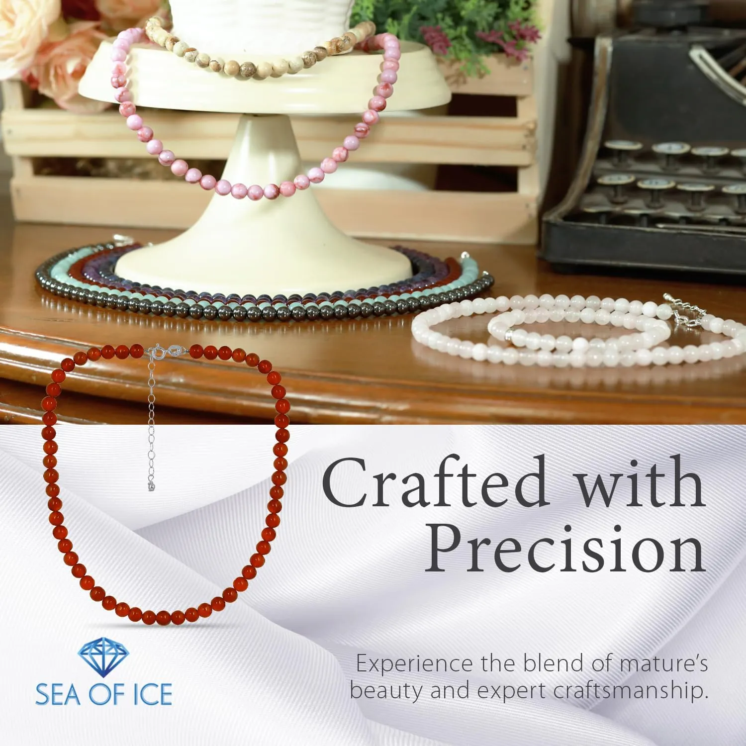 SEA OF ICE Precious Gemstone 6mm Round Beads Necklace 14" Plus 2" Extender with Sterling Silver Spring Ring Clasp