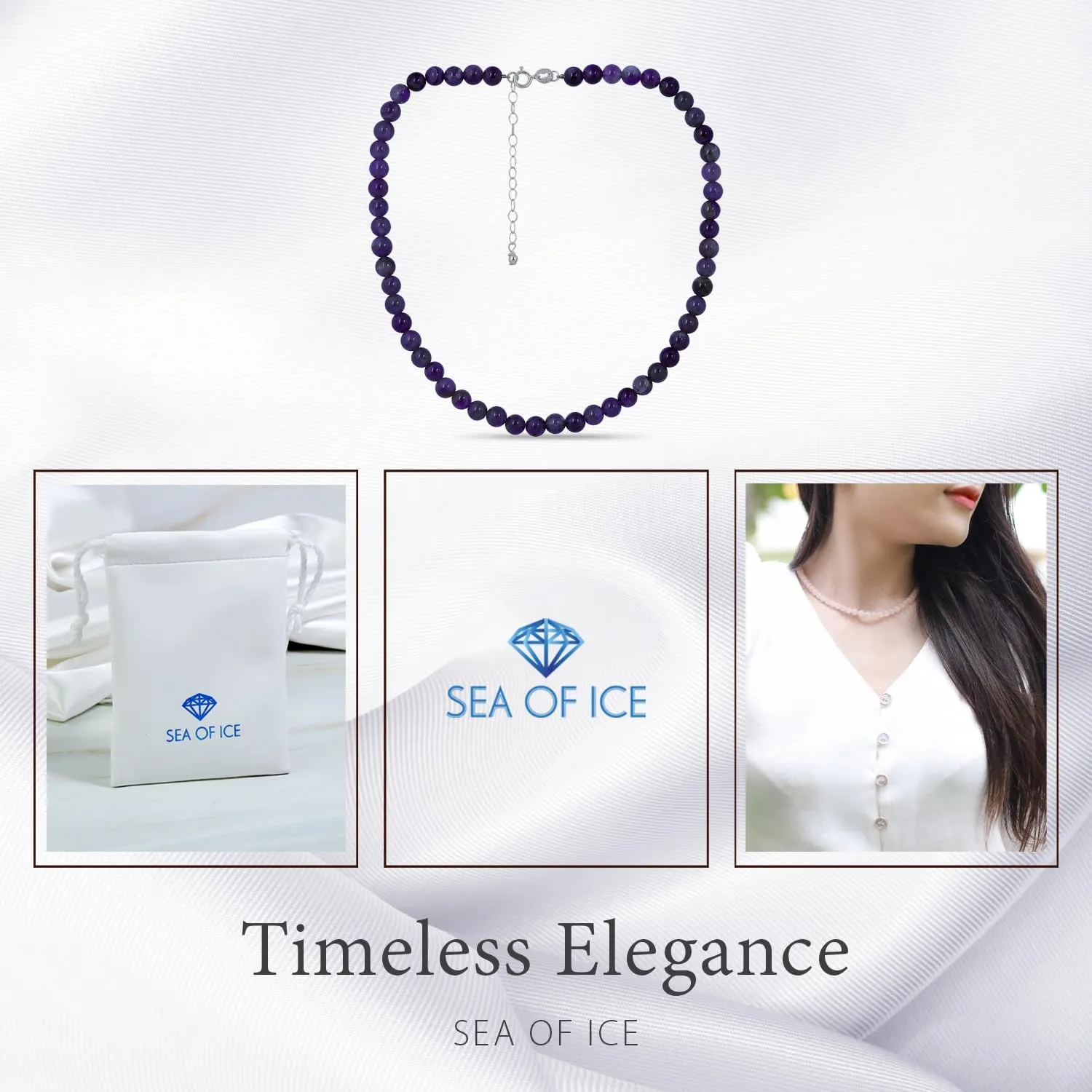 SEA OF ICE Precious Gemstone 6mm Round Beads Necklace 14" Plus 2" Extender with Sterling Silver Spring Ring Clasp