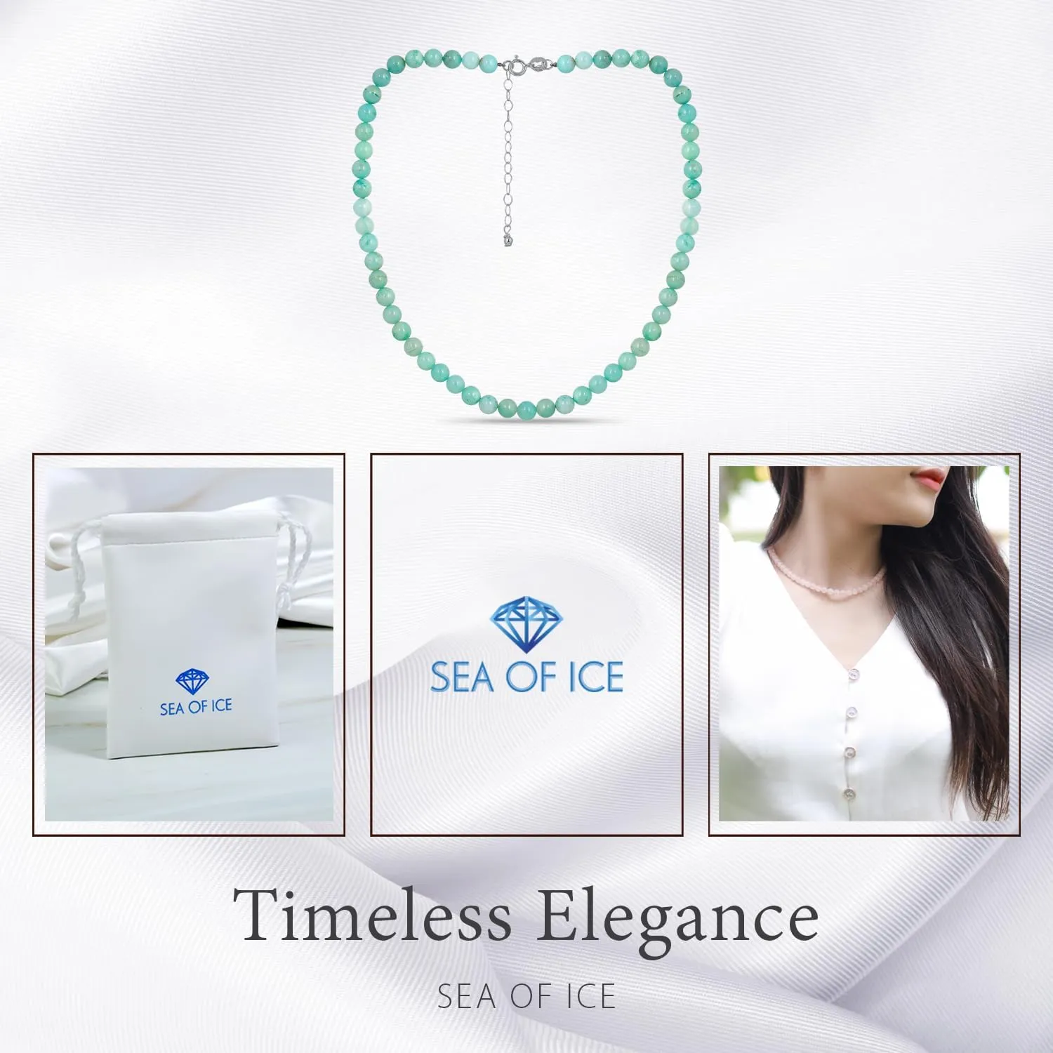 SEA OF ICE Precious Gemstone 6mm Round Beads Necklace 14" Plus 2" Extender with Sterling Silver Spring Ring Clasp