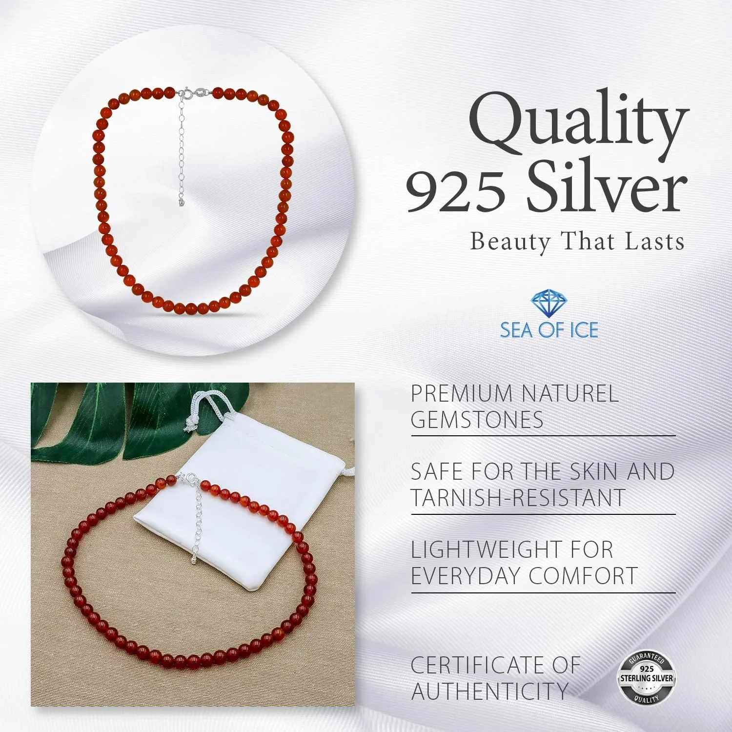 SEA OF ICE Precious Gemstone 6mm Round Beads Necklace 14" Plus 2" Extender with Sterling Silver Spring Ring Clasp