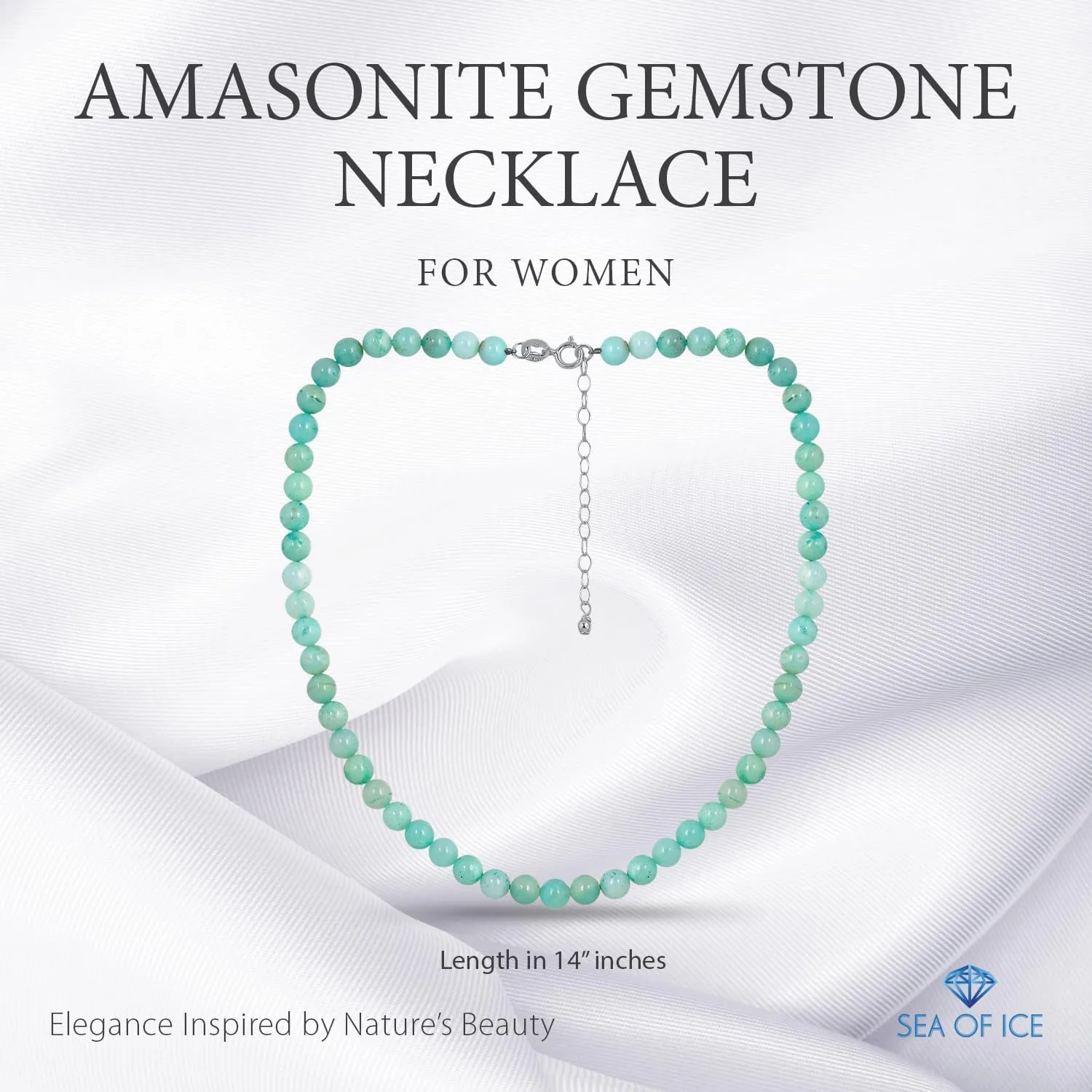 SEA OF ICE Precious Gemstone 6mm Round Beads Necklace 14" Plus 2" Extender with Sterling Silver Spring Ring Clasp