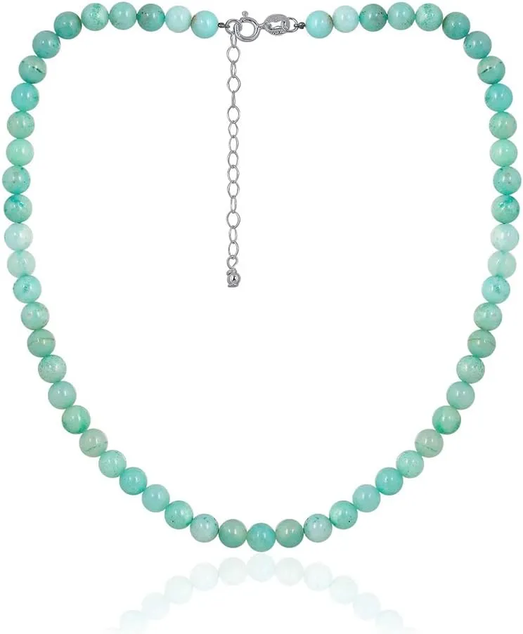 SEA OF ICE Precious Gemstone 6mm Round Beads Necklace 14" Plus 2" Extender with Sterling Silver Spring Ring Clasp