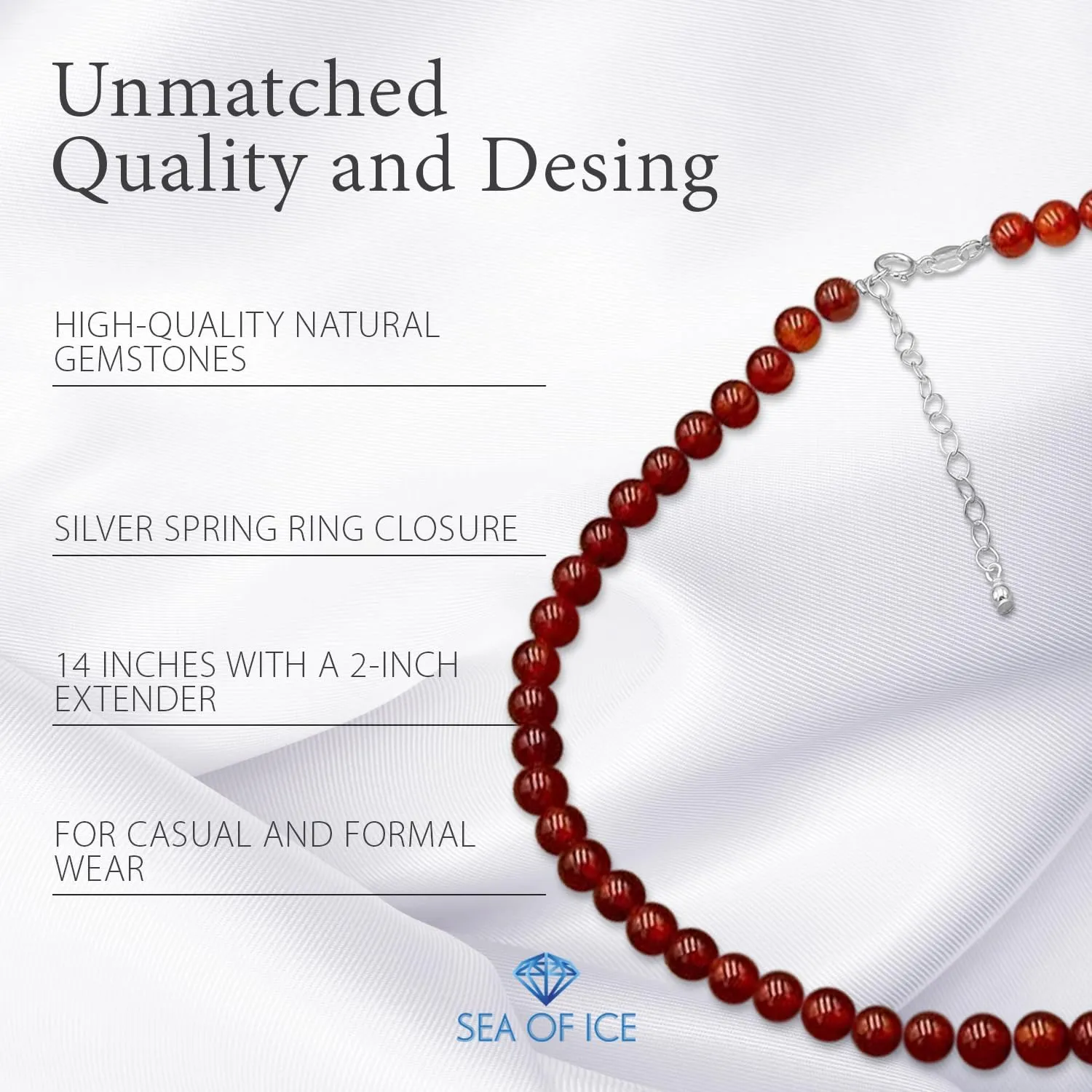 SEA OF ICE Precious Gemstone 6mm Round Beads Necklace 14" Plus 2" Extender with Sterling Silver Spring Ring Clasp