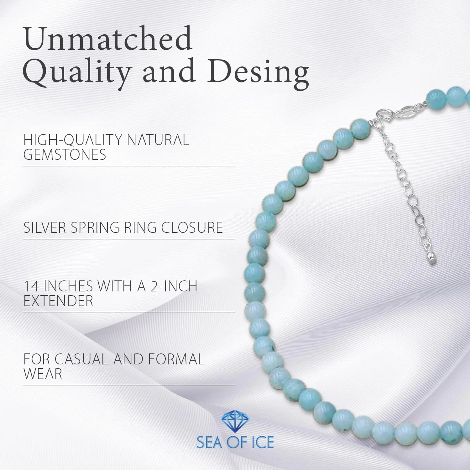 SEA OF ICE Precious Gemstone 6mm Round Beads Necklace 14" Plus 2" Extender with Sterling Silver Spring Ring Clasp
