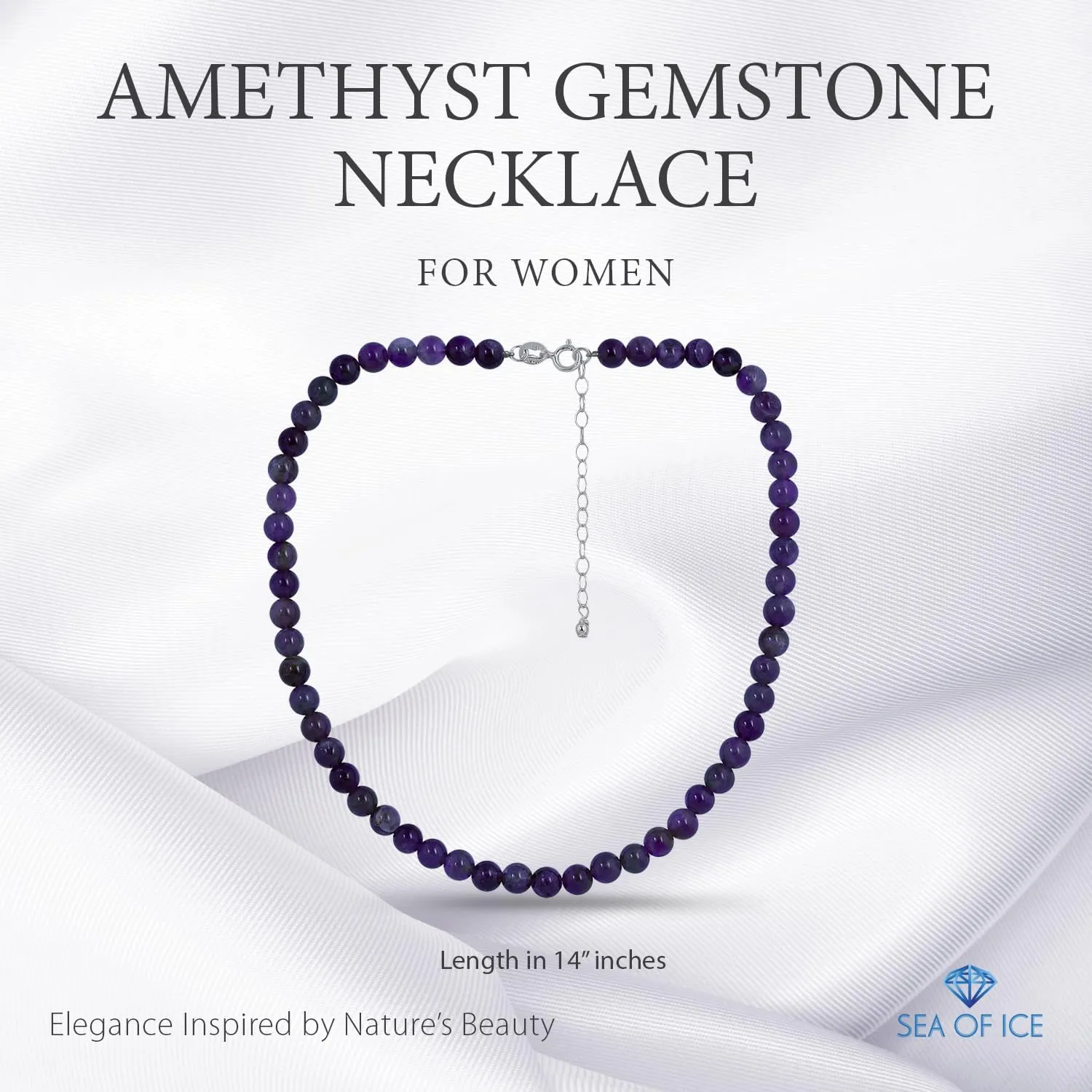 SEA OF ICE Precious Gemstone 6mm Round Beads Necklace 14" Plus 2" Extender with Sterling Silver Spring Ring Clasp