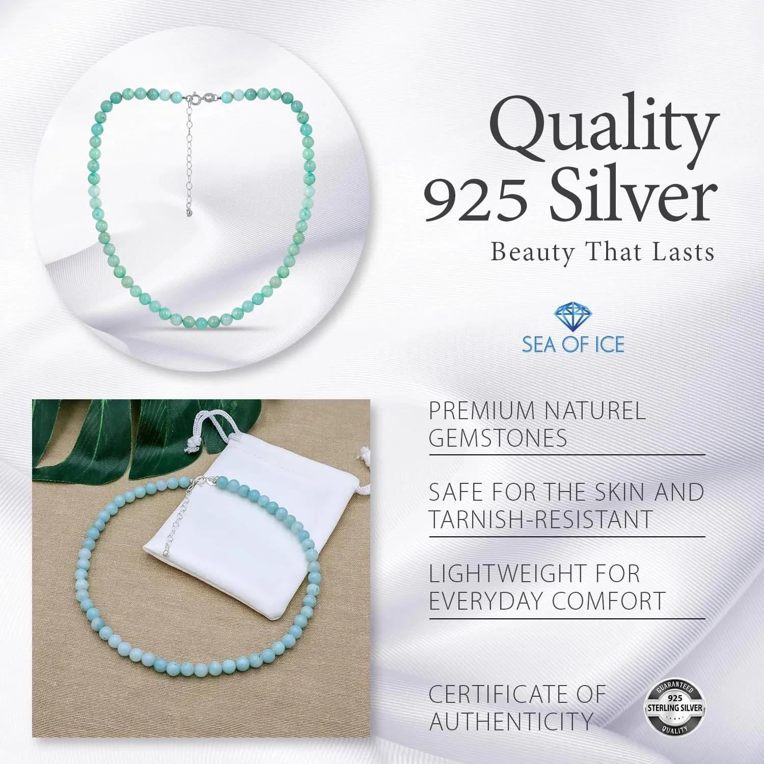 SEA OF ICE Precious Gemstone 6mm Round Beads Necklace 14" Plus 2" Extender with Sterling Silver Spring Ring Clasp