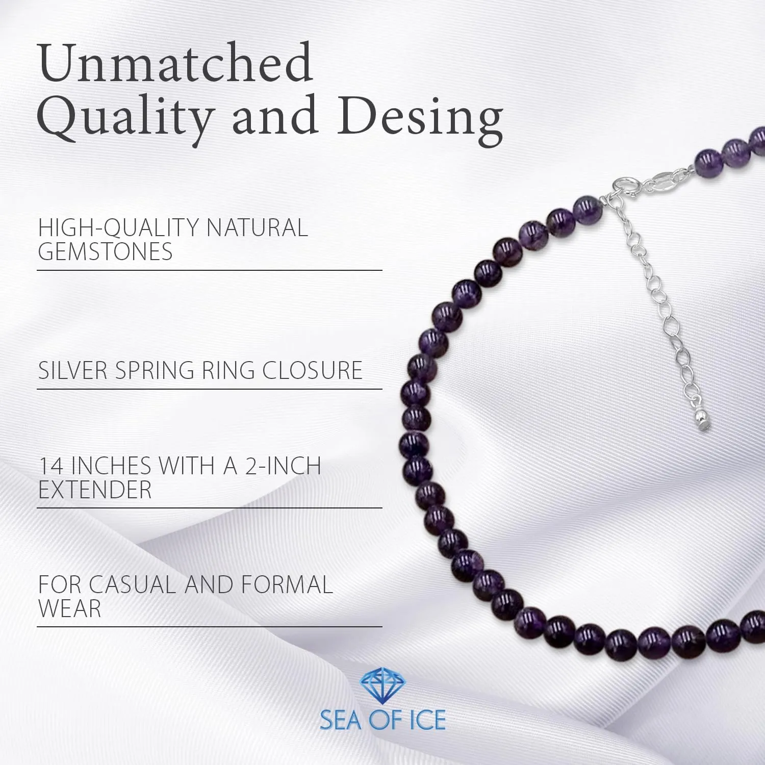 SEA OF ICE Precious Gemstone 6mm Round Beads Necklace 14" Plus 2" Extender with Sterling Silver Spring Ring Clasp