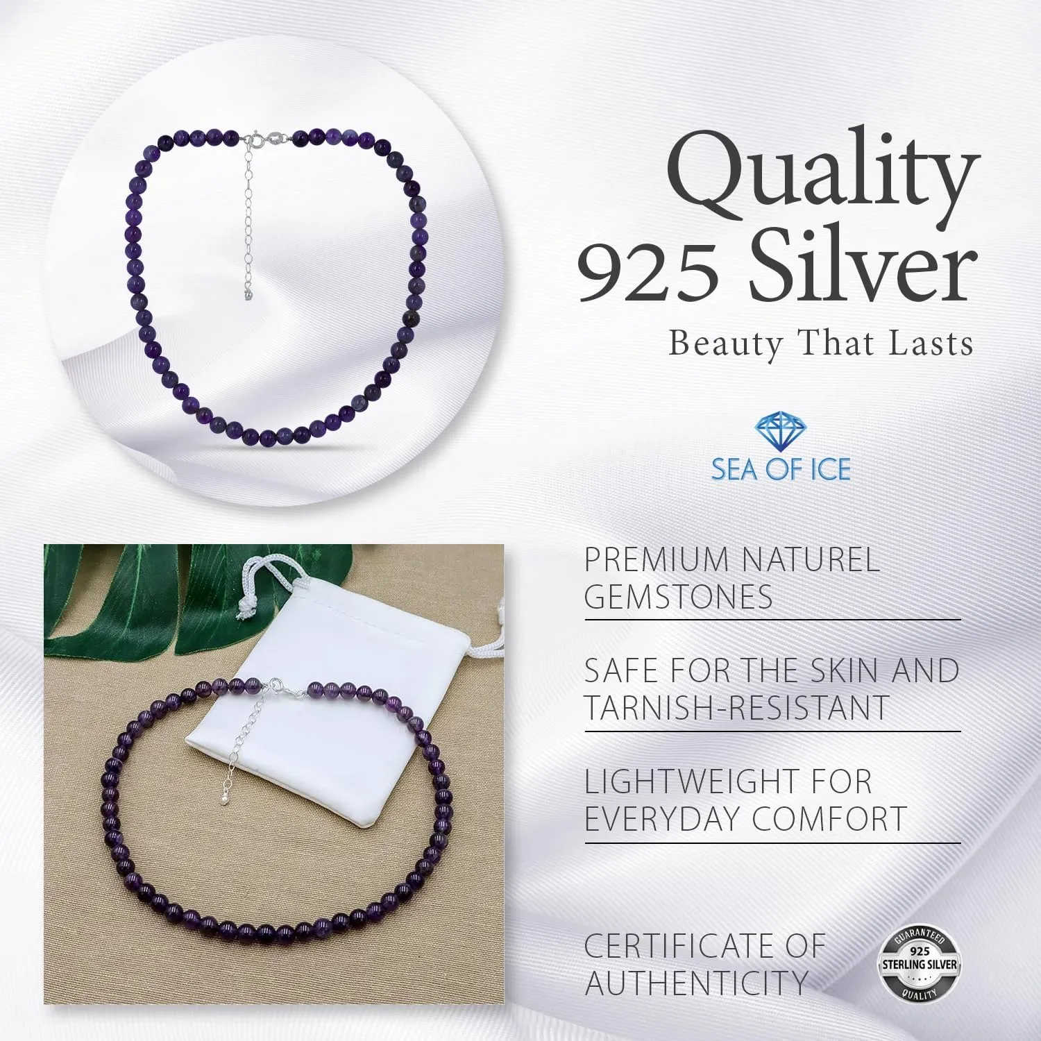 SEA OF ICE Precious Gemstone 6mm Round Beads Necklace 14" Plus 2" Extender with Sterling Silver Spring Ring Clasp