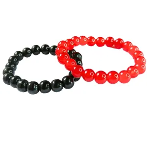 Set Of 2 Couples Bracelet Black Red Bead Stone Stretch Bracelet Unisex Anniversary, Friendship, Valentine, Christmas Gift