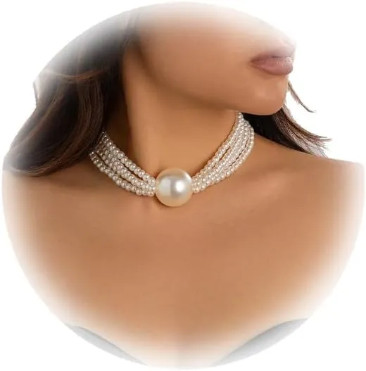 Sexy Multi-layered Bead Body Chain Necklace Pearl Clavicle Chain Neck Metal Big Ball Body Chain Necklace Summer Pearl Collar Necklace Jewelry for Women