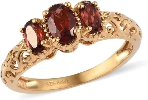 SHOP LC DELIVERING JOY 3 Stone Garnet Ring for Women in 14K Gold Plated 925 Sterling Silver - January Birthstone Promise Engagement Vintage Red Garnet Jewelry Birthday Gifts Size - 8
