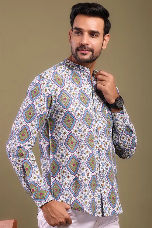 Shuddhi Blue And Green Printed Mens Shirt