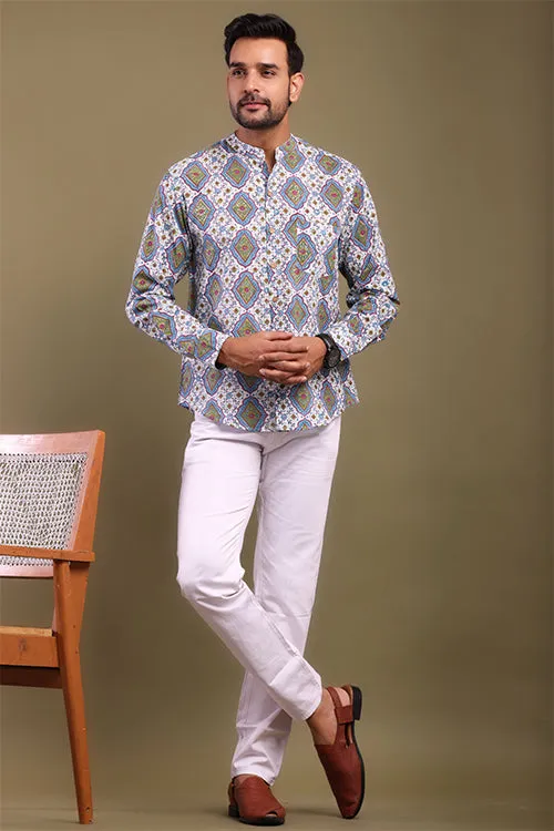 Shuddhi Blue And Green Printed Mens Shirt