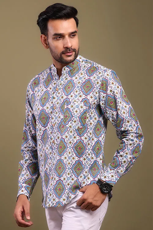 Shuddhi Blue And Green Printed Mens Shirt