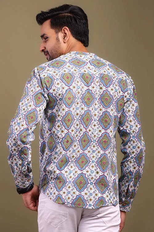 Shuddhi Blue And Green Printed Mens Shirt