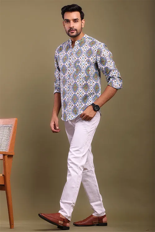 Shuddhi Blue And Green Printed Mens Shirt