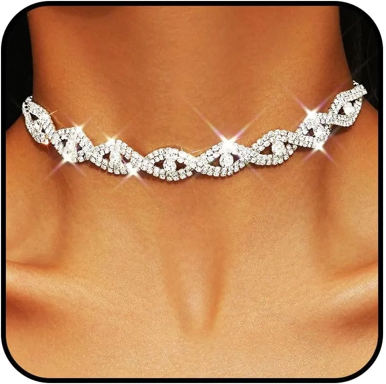 Silver Rhinestone Choker Necklace Diamond Fancy Chokers Prom Jewelry for Women