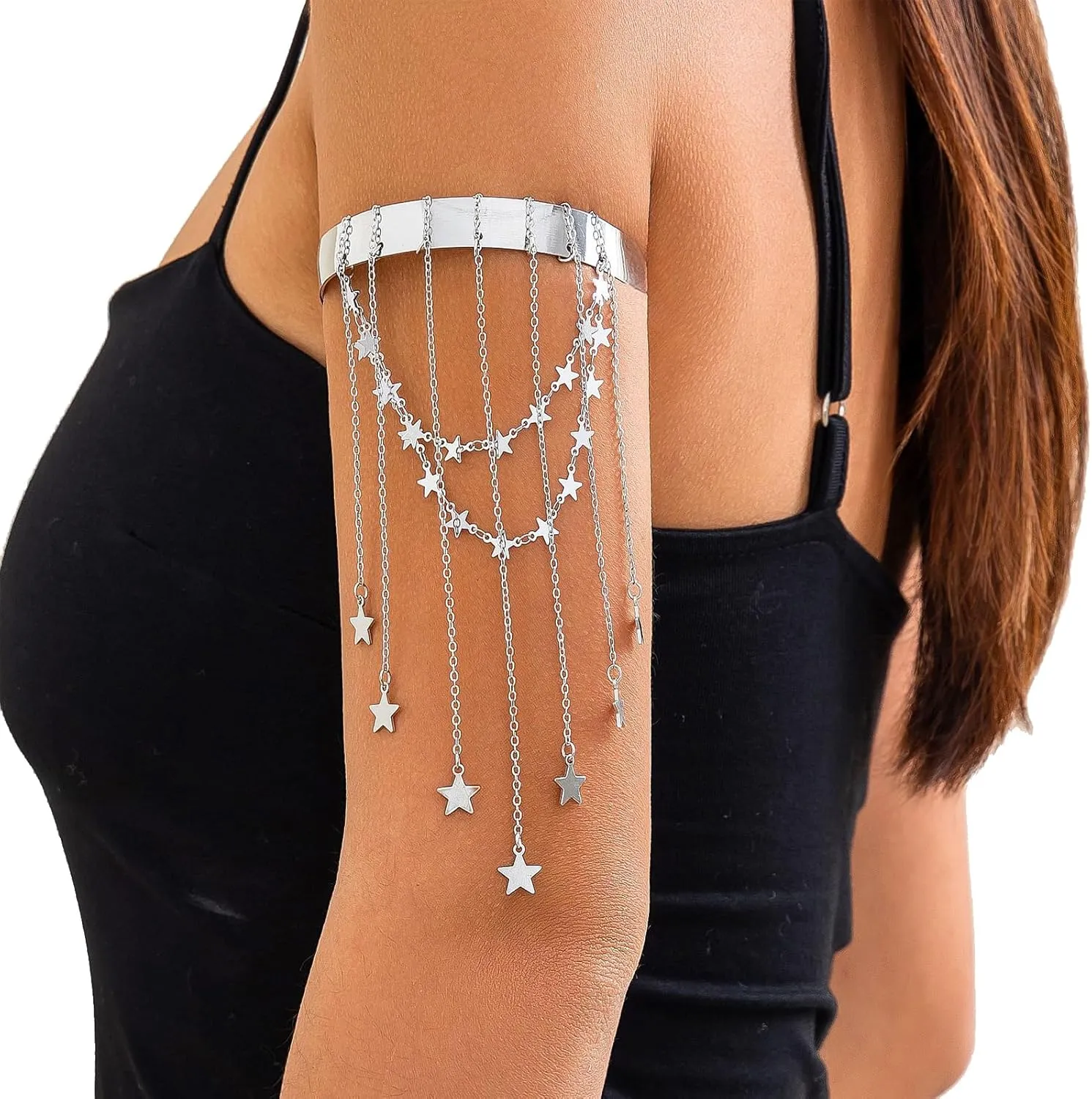 Simple Multi-layered Star Tassel Chain Upper Arm Bracelet Summer Beach Adjustable Open Arm Cuff Bangle Bracelets Bikini Star Armlet Body Jewelry for Women
