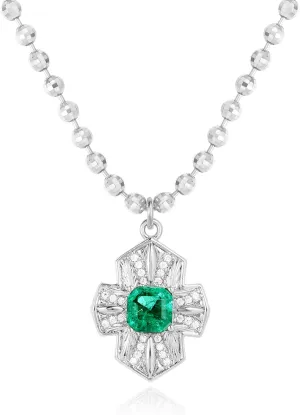 Simulated Nano Emerald Cross Pendant Necklace for Women 14K Gold Plated Cubic Zirconia Diamond-cut Ball Chain Trendy Gold Jewelry