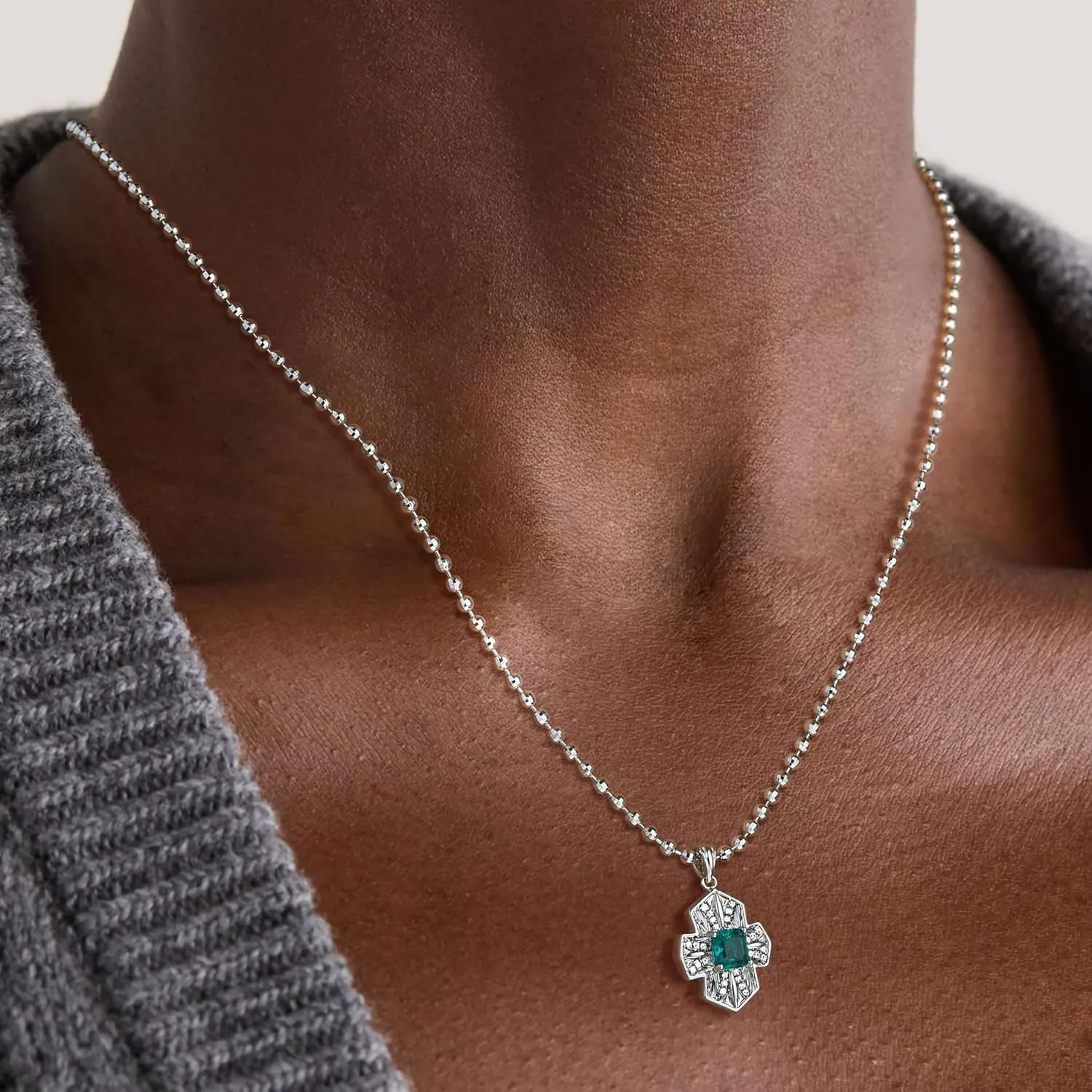 Simulated Nano Emerald Cross Pendant Necklace for Women 14K Gold Plated Cubic Zirconia Diamond-cut Ball Chain Trendy Gold Jewelry