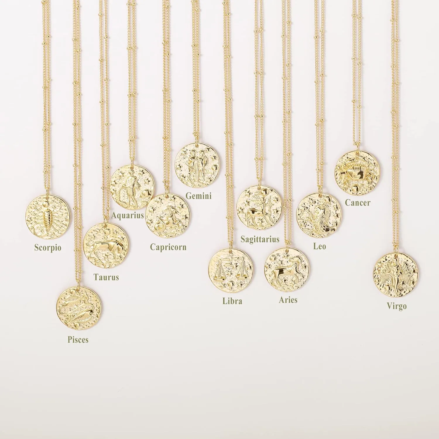 S.J JEWELRY 12 Constellations Zodiac Necklace Women's Simple Delicate 14K Gold Filled Coin Pendant Personalized Birthday Gifts Handmade Disc Chokers Necklace