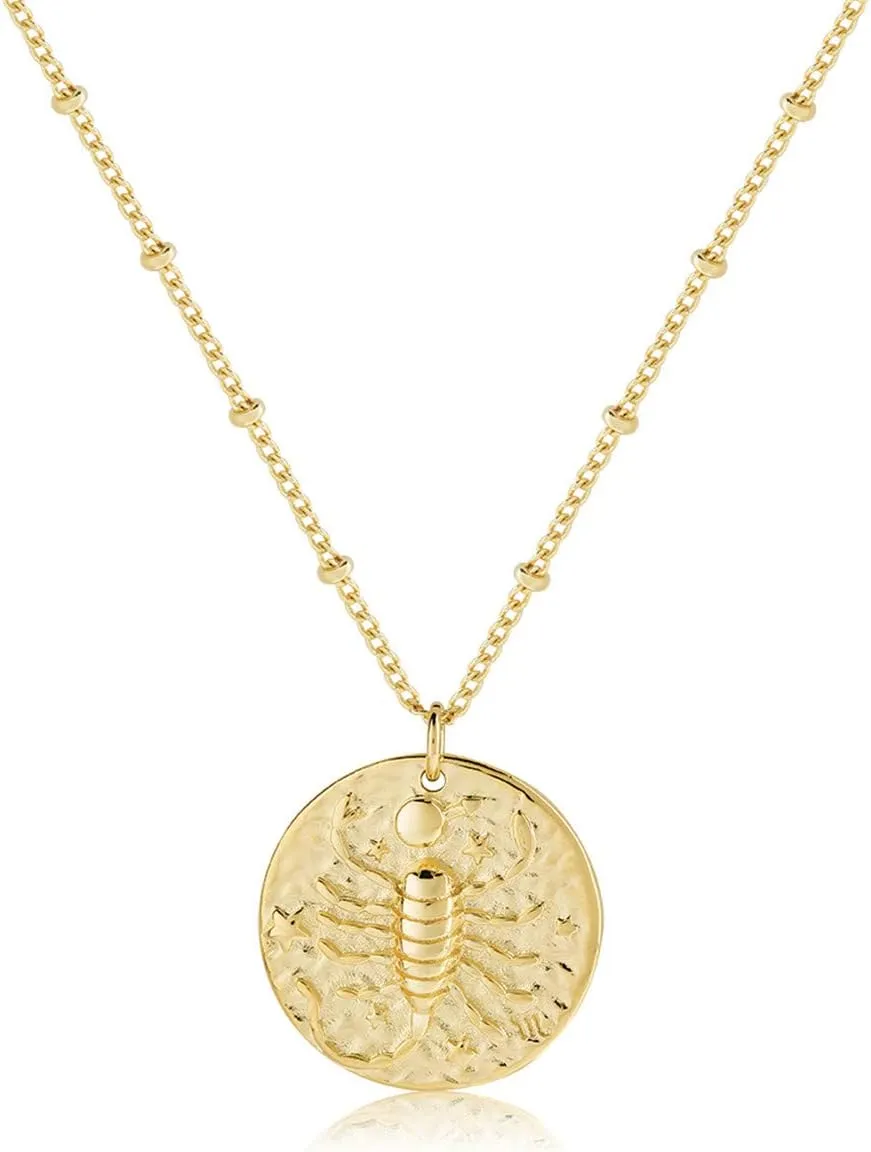S.J JEWELRY 12 Constellations Zodiac Necklace Women's Simple Delicate 14K Gold Filled Coin Pendant Personalized Birthday Gifts Handmade Disc Chokers Necklace