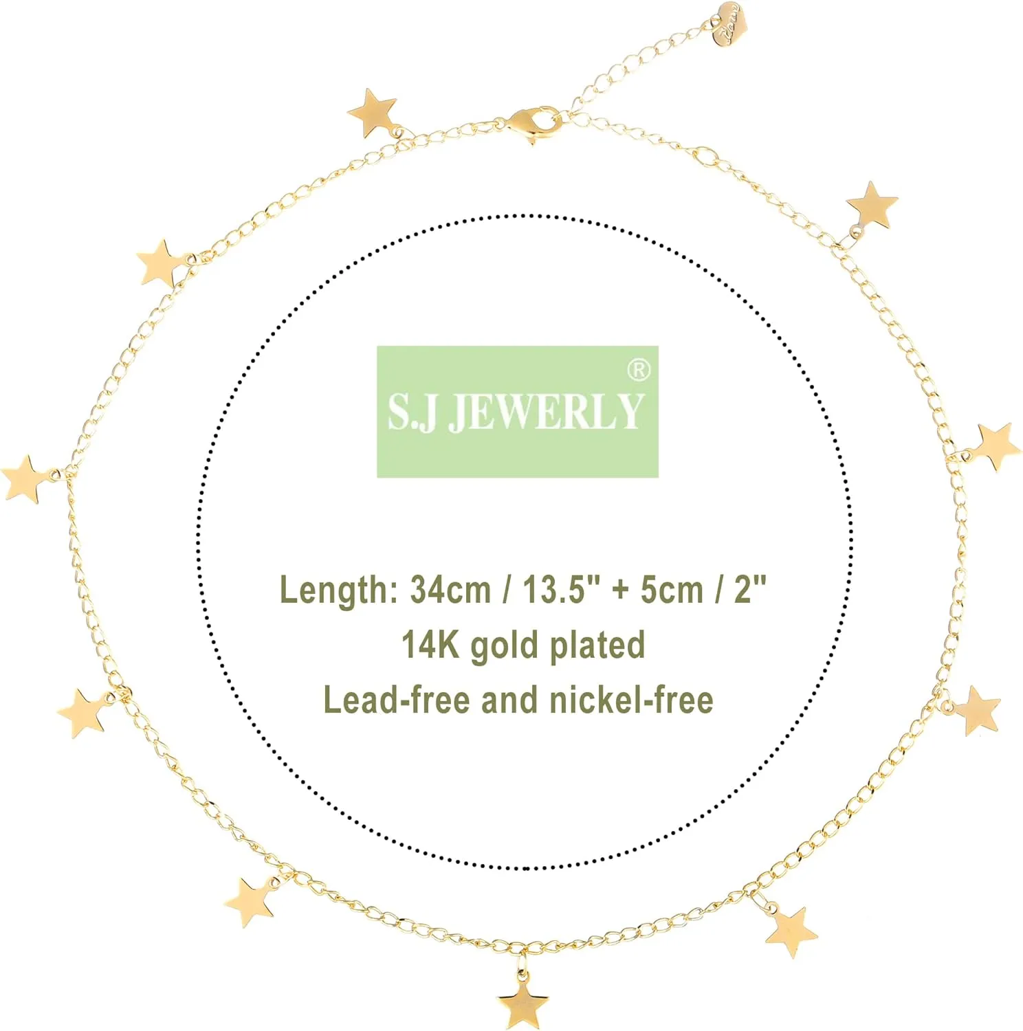 S.J JEWELRY Women Simple Delicate Full Moon 14K Gold Plated/Rose Gold/Silver Plated Layered Pendant Handmade Star Chokers Necklaces