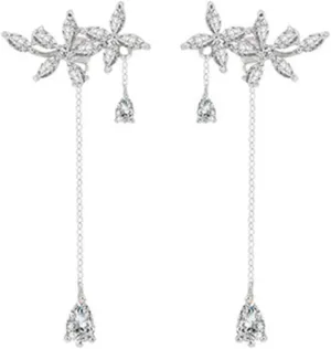 SLUYNZ 925 Sterling Silver CZ Flowers Wrap Earrings Dangle Chain for Women Elegant Bridal Wedding Earrings Engagement Drop (A-Silver)