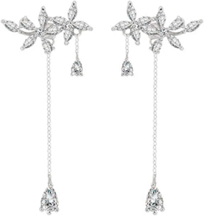 SLUYNZ 925 Sterling Silver CZ Flowers Wrap Earrings Dangle Chain for Women Elegant Bridal Wedding Earrings Engagement Drop (A-Silver)