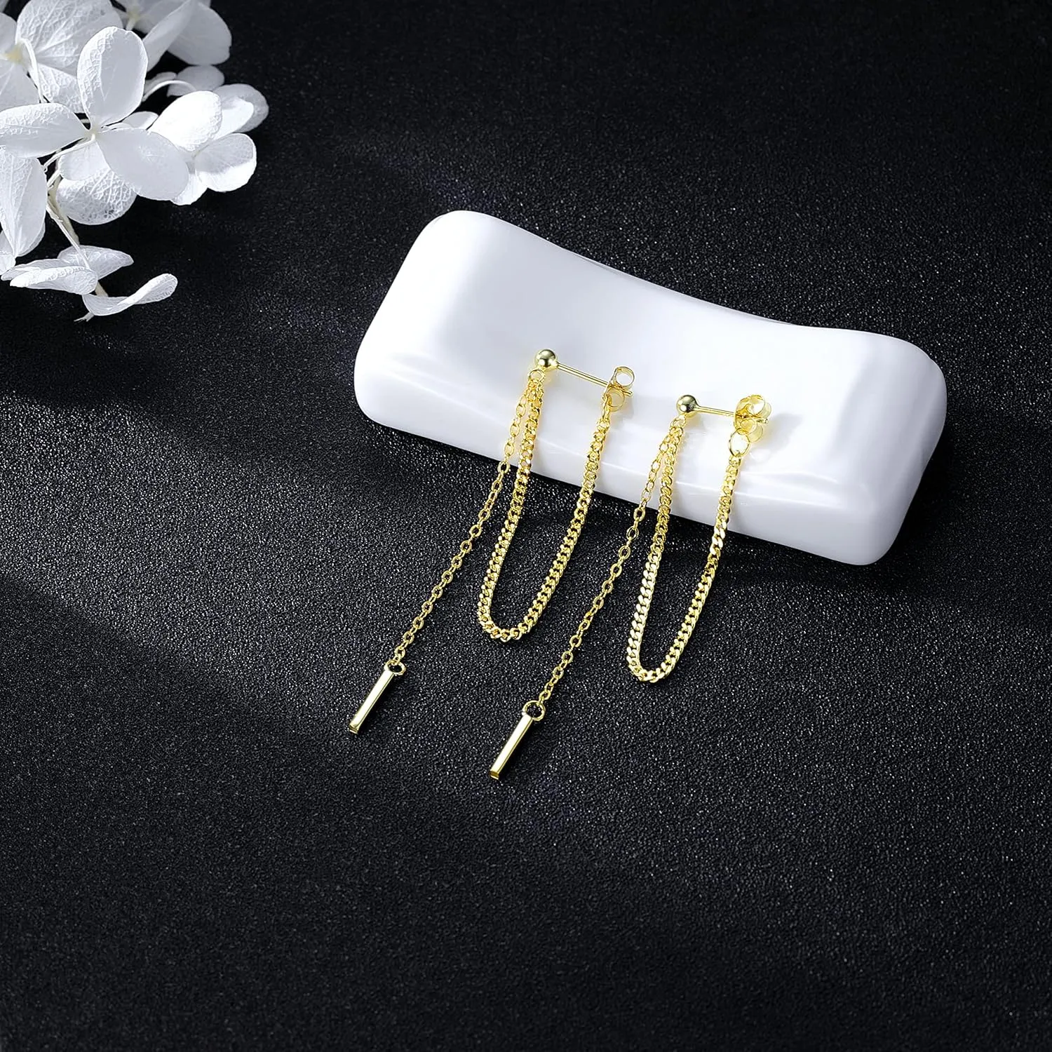 SLUYNZ Solid 925 Sterling Silver Bar Dangle Earrings for Women Minimalist Dangle Earrings Threader Chain