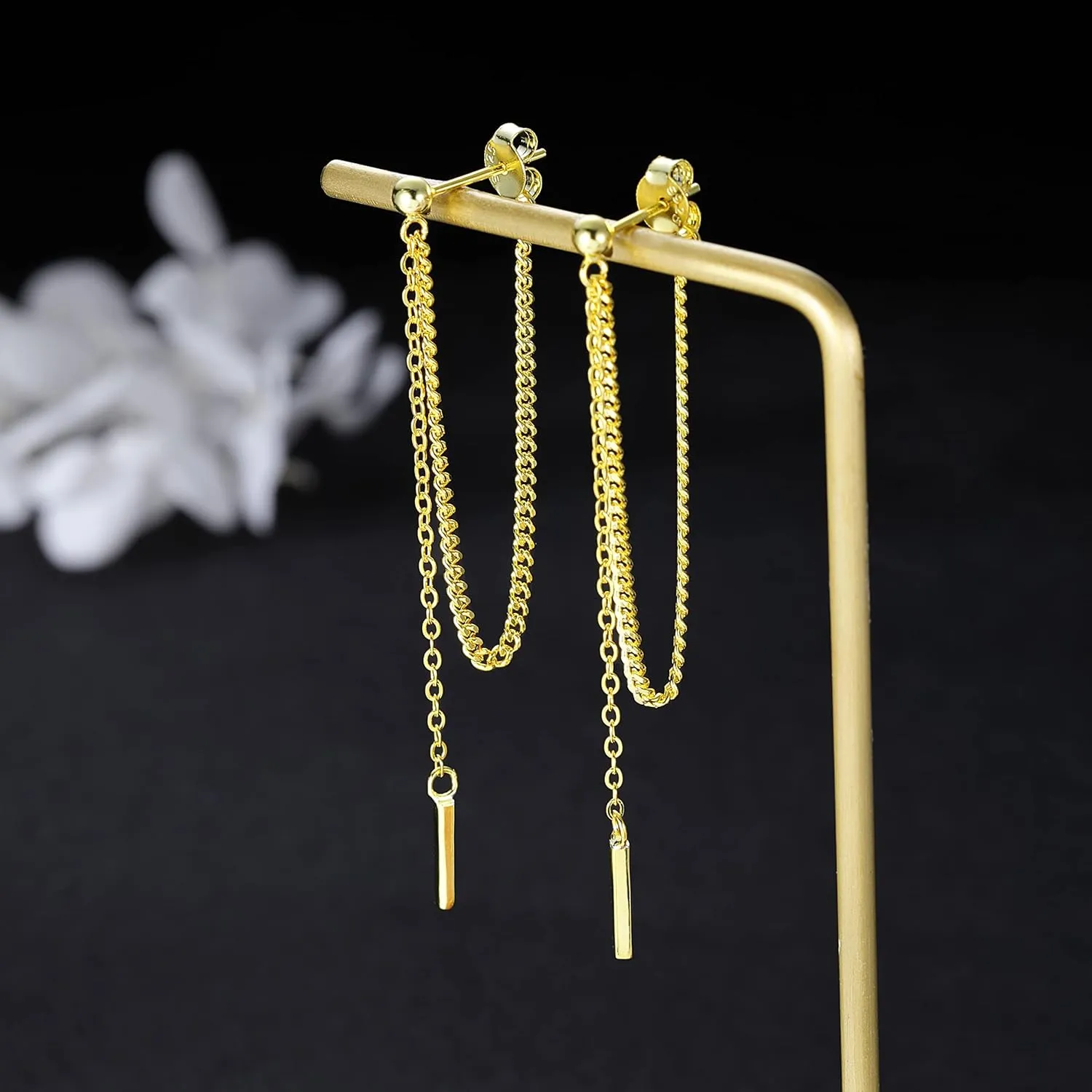 SLUYNZ Solid 925 Sterling Silver Bar Dangle Earrings for Women Minimalist Dangle Earrings Threader Chain