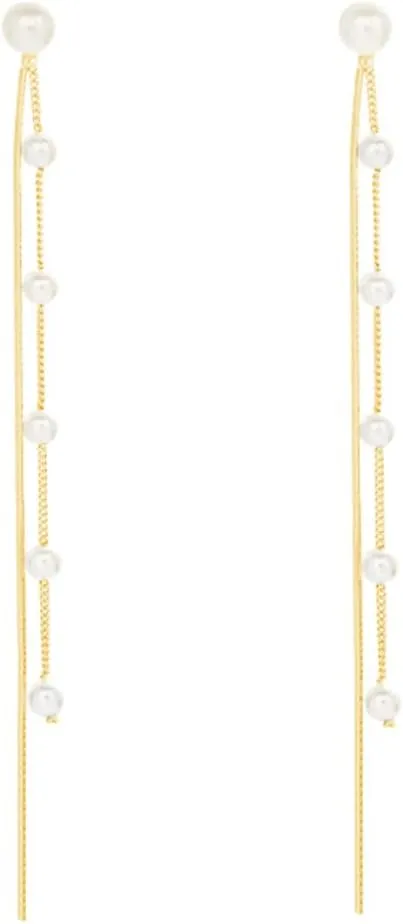 SLUYNZ Solid 925 Sterling Silver Simulated Shell Pearl Dangle Earrings for Women Teens - Elegant Long Chain Tassel Wedding Earrings
