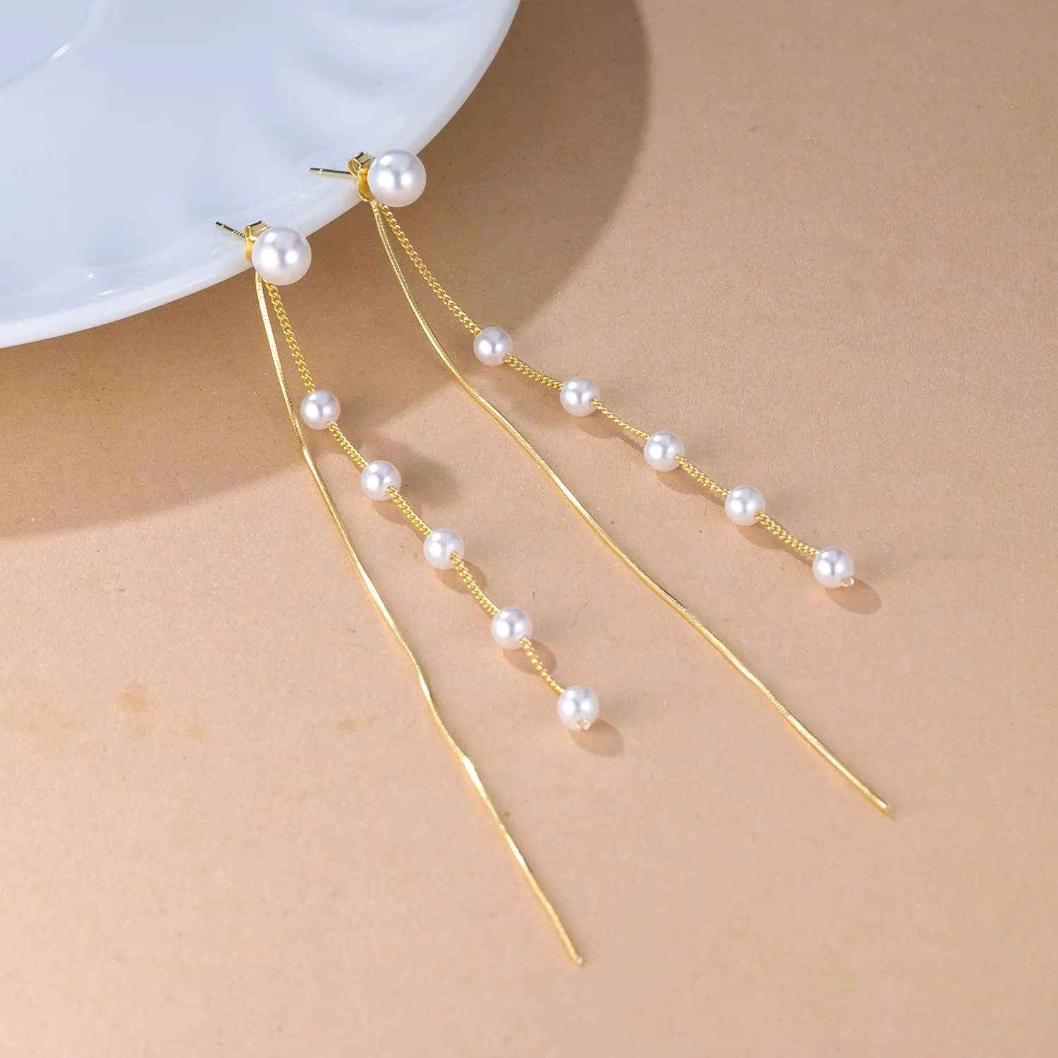 SLUYNZ Solid 925 Sterling Silver Simulated Shell Pearl Dangle Earrings for Women Teens - Elegant Long Chain Tassel Wedding Earrings