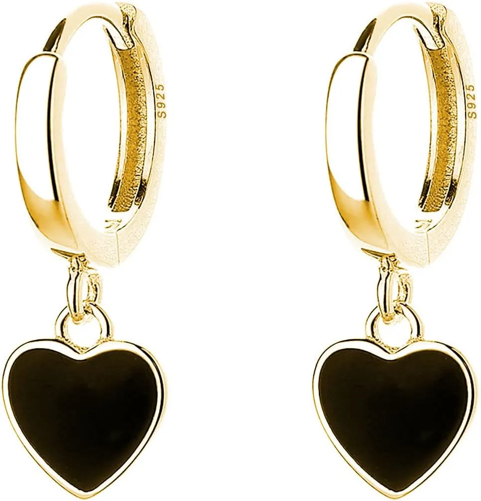 SLUYNZ Sterling Silver Black Heart Hoop Earrings for Women Teens Love Heart Hoop Earrings Huggie