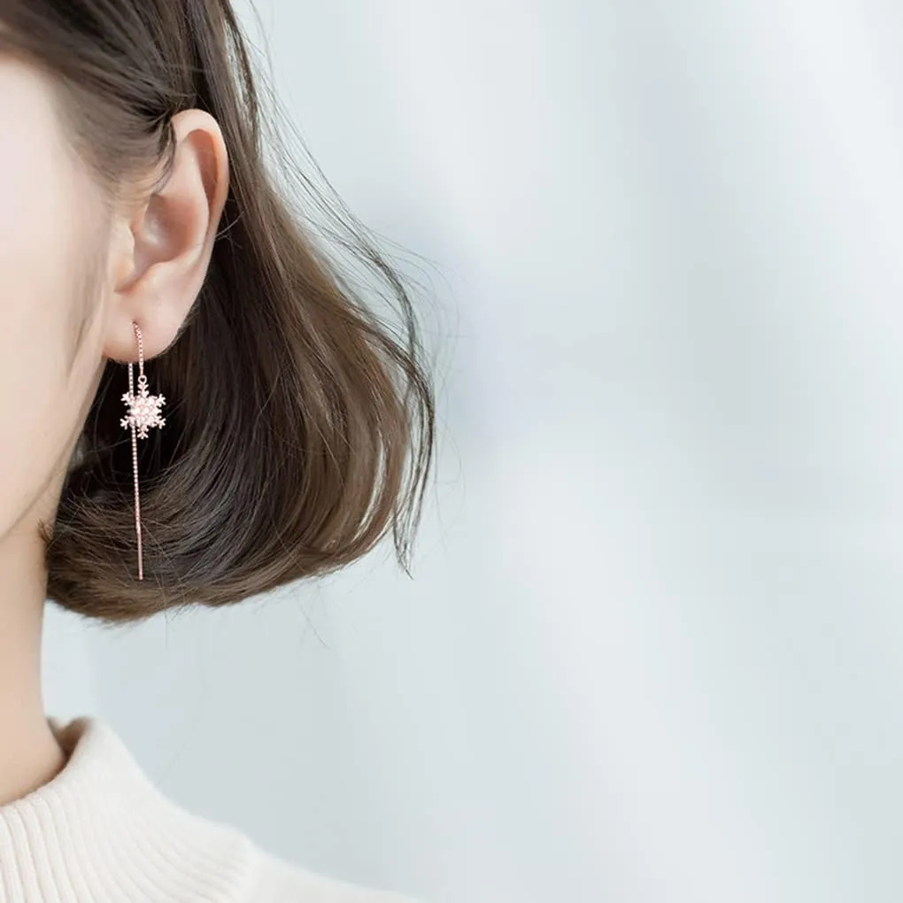 SLUYNZ Sterling Silver Christmas Snowflake Dangle Earrings Chain for Women Teens Snowflake Drop Earrings Threader Winter Earrings