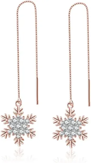 SLUYNZ Sterling Silver Christmas Snowflake Dangle Earrings Chain for Women Teens Snowflake Drop Earrings Threader Winter Earrings