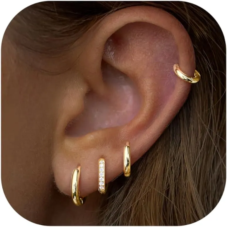 Small Gold Huggie Hoop Earrings Set for Women Men Hypoallergenic 14K Gold Plated Stack Cartilage Earrings, Multiple Piercing Lightweight Mini Thin Cute Dainty Trendy Clip On Jewelry Set Gifts for Women
