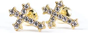Small Mens Women's Prong Set Iced 5A Cz Hip Hop Yellow Gold 925 Sterling Silver Hypoallergenic Crucifix Ice Out Cubic Zirconia Gothic Cross Screw Back Stud Earrings