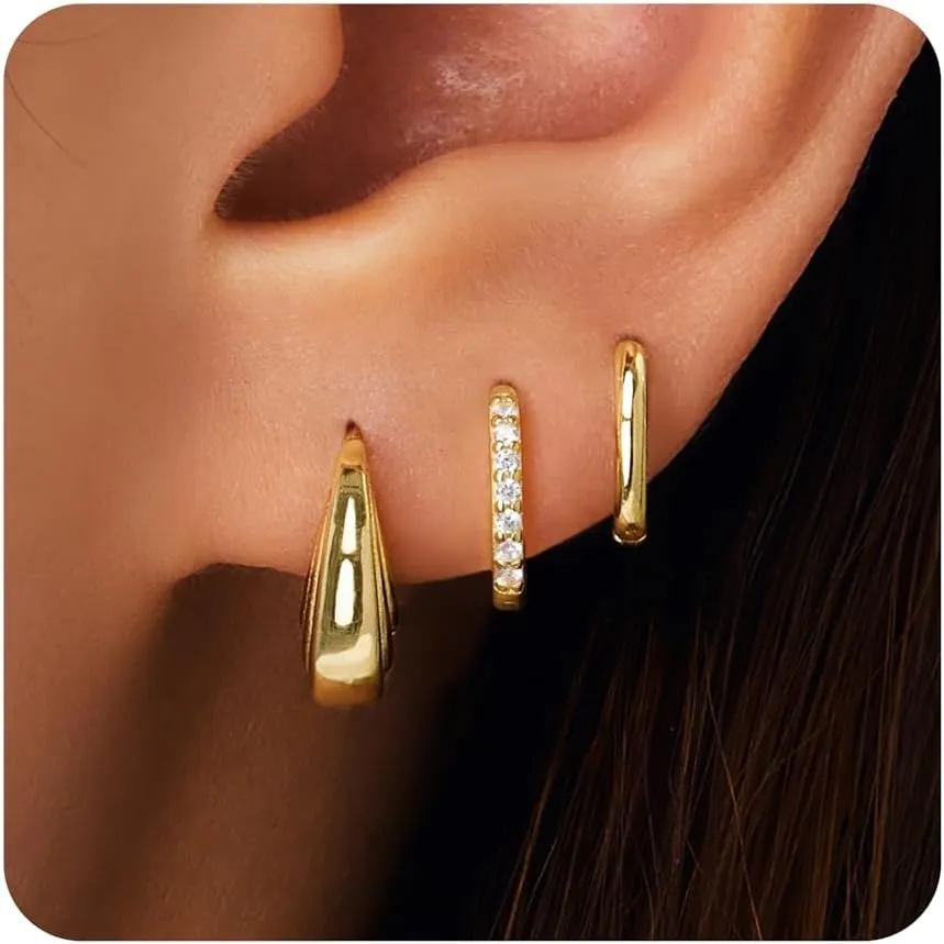 Small Sterling Silver Huggie Hoop Earrings Set for Women, 14K Gold Plated Cartilage Earings for Multiple Piercing Hypoallergenic Trendy Jewelry, Dainty Tiny Mini Stack Cubic Zircon Earring Gift