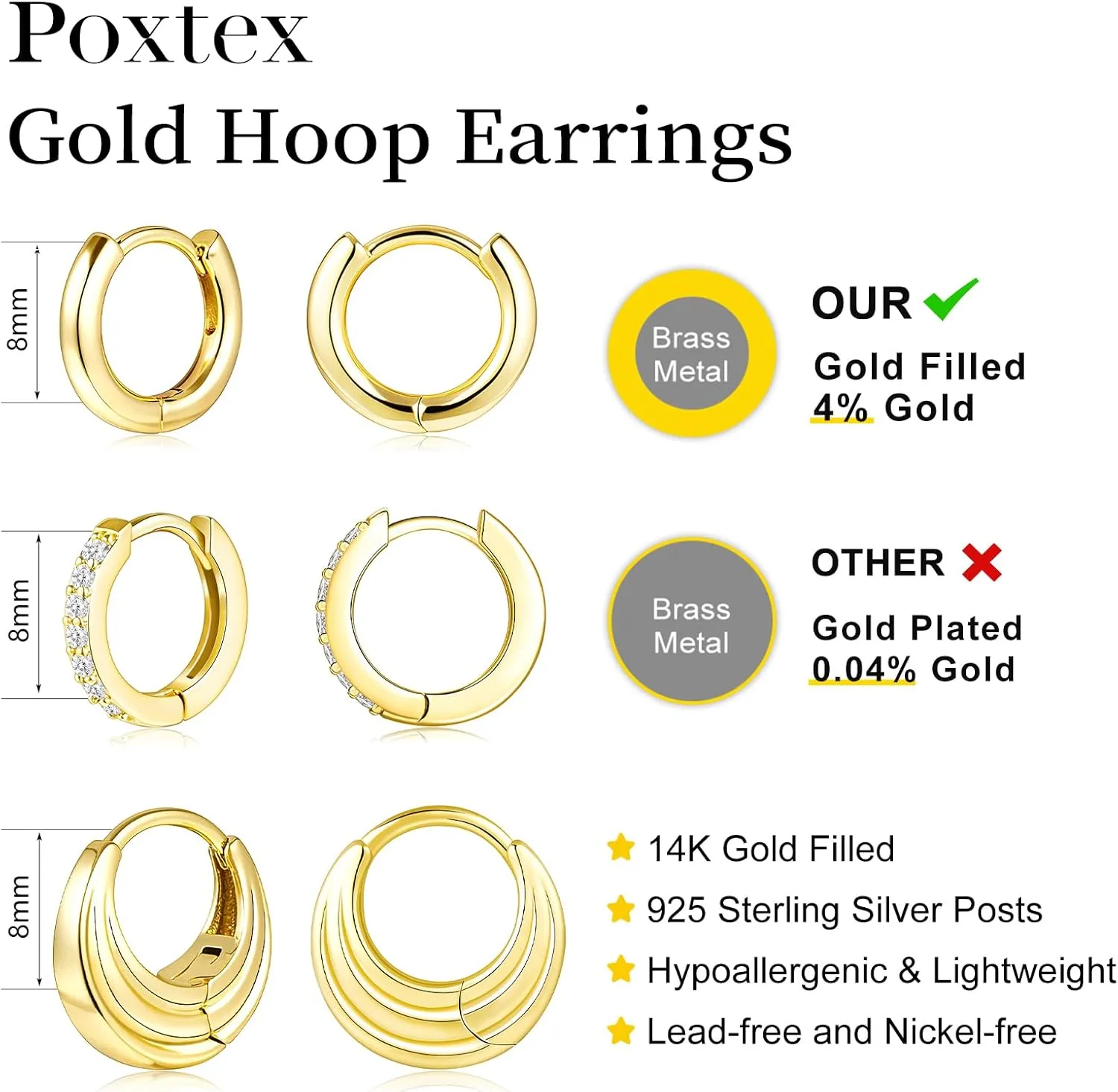 Small Sterling Silver Huggie Hoop Earrings Set for Women, 14K Gold Plated Cartilage Earings for Multiple Piercing Hypoallergenic Trendy Jewelry, Dainty Tiny Mini Stack Cubic Zircon Earring Gift