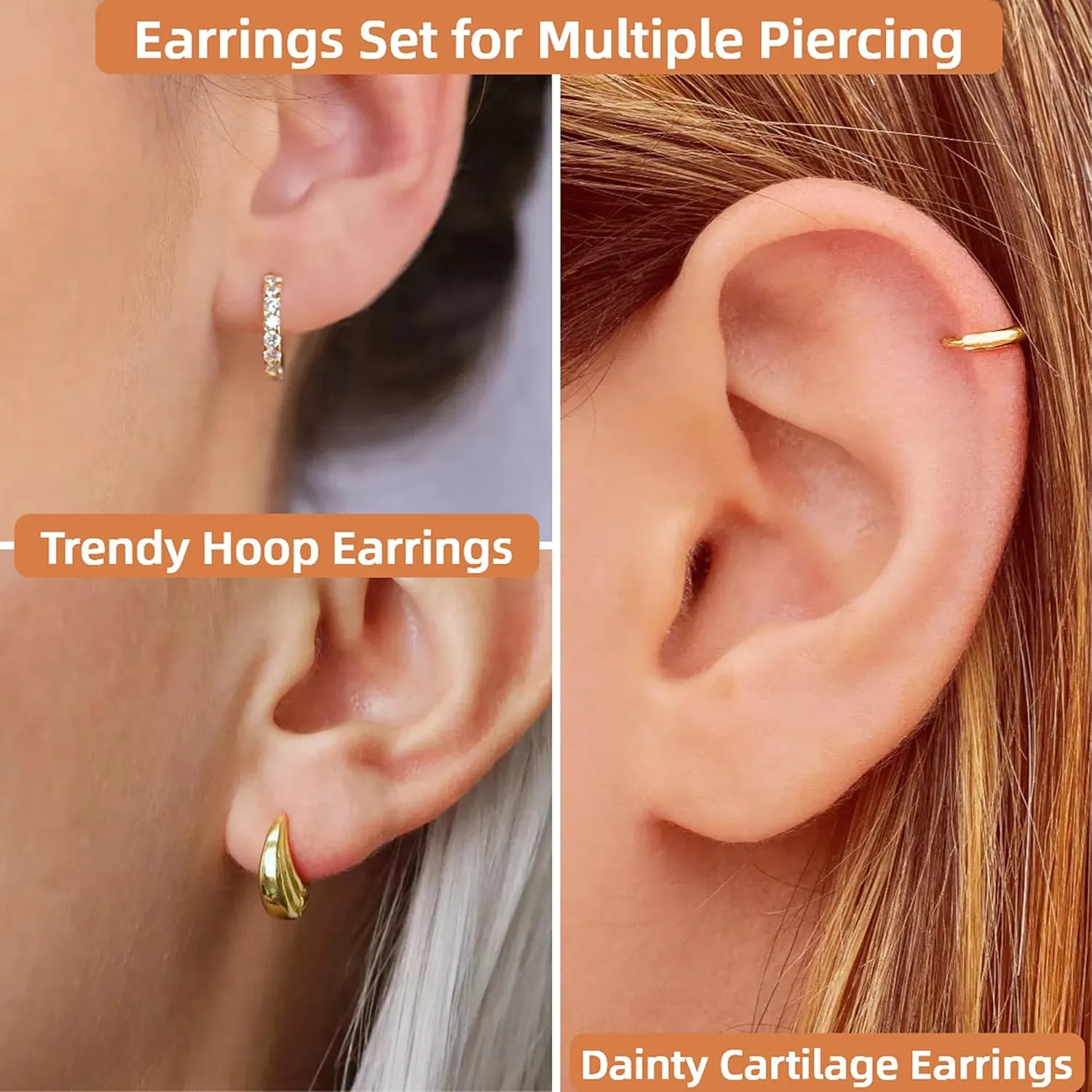Small Sterling Silver Huggie Hoop Earrings Set for Women, 14K Gold Plated Cartilage Earings for Multiple Piercing Hypoallergenic Trendy Jewelry, Dainty Tiny Mini Stack Cubic Zircon Earring Gift