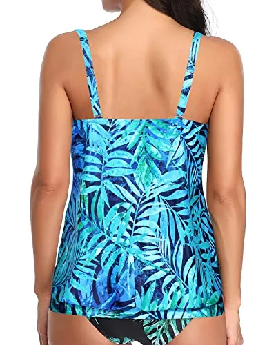 Soft Padded Scoop Neck Tankini Bathing Top For Women-Blue Leaves